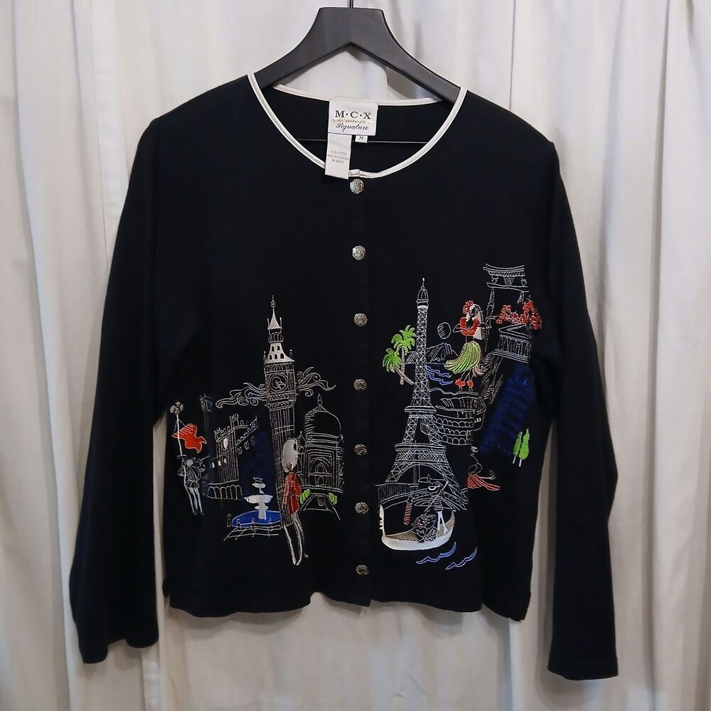 Vtg MCX Signature Cardigan Sz Medium Button Up Black Embroidered World Traveler